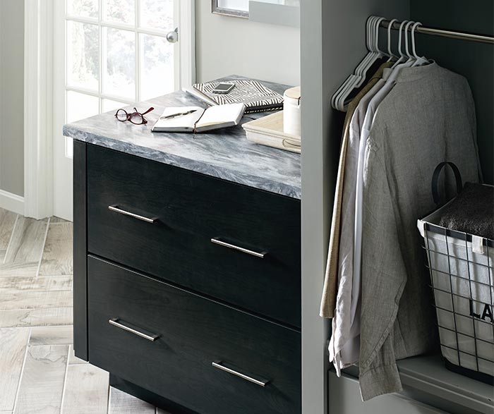 Close up of Cotter dark grey laundry cabinets in Storm finish