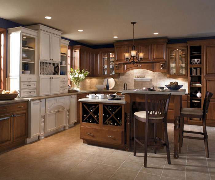 Cherry Cabinets With Two Level Kitchen, Cherry Wood And White Kitchen Cabinets