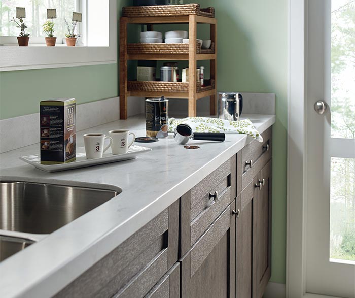 Close up of Shafer Laminate kitchen cabinets in Elk finish