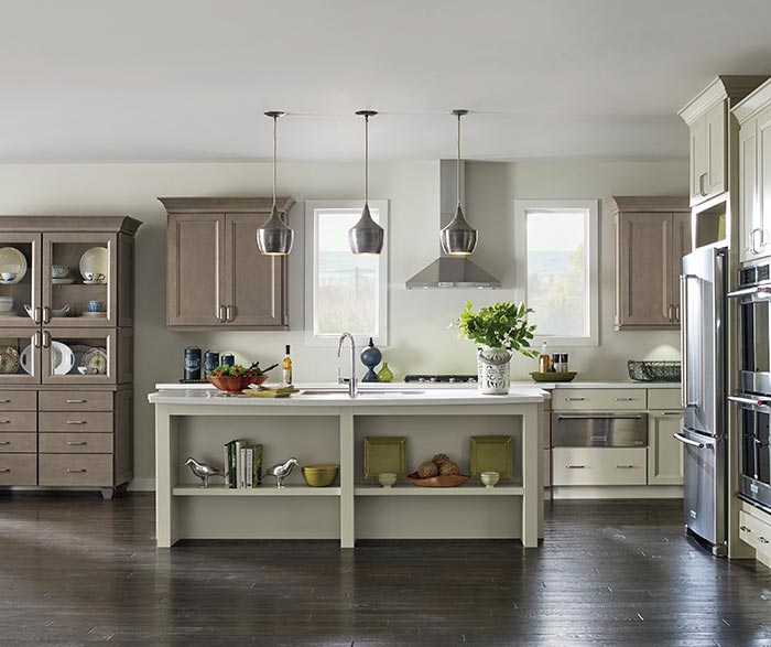 Butler Maple kitchen cabinets in Seal and Egret finishes