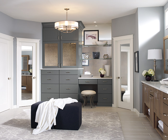 Larsen Shaker style bathroom cabinets in Cherry Morel and Maple Moonstone finishes