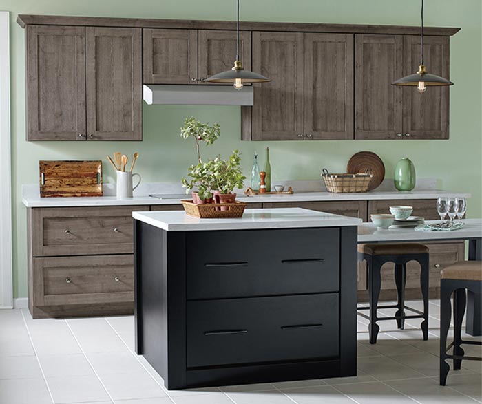 Shafer Laminate kitchen cabinets in Elk finish with Caprice island in Maple Black finish